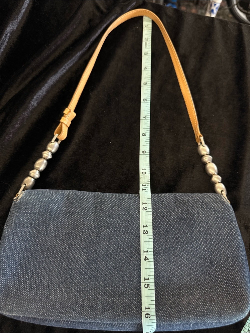 Vintage Dior Blue Denim Shoulder Bag with Tan Strap and Silver Accents - Picture 8 of 13